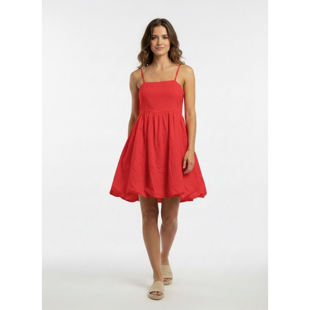 NWOT Size M Sim & Sam Womens Red Cotton Gauze Bubble Hem Mini Dress Smocked Back